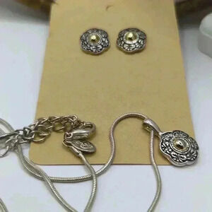 Premier Designs floral button Marcasite Earrings 20" necklace set silvertone EUC